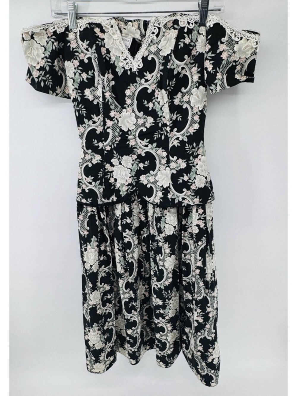 Vtg Jessica McClintock Gunne Sax Off Shoulder Black Floral Midi Dress Sz 5 / 6